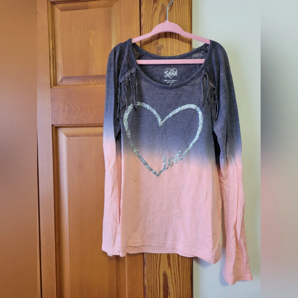 Justice Heart fringe Ombre Long Sleeve Top - Pink and Gray 10